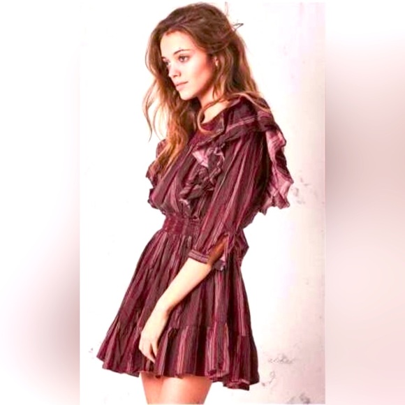 LoveShackFancy Cassi Striped Ruffle 3/4 Sleeve Mini Dress Size Large - Picture 2 of 12